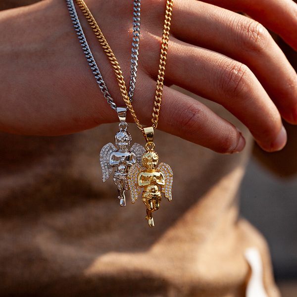 

iced out wings angel pendant necklace for men women gifts 2 colors aaa zircon hip hop jewelry fashion mens necklace 200928, Silver