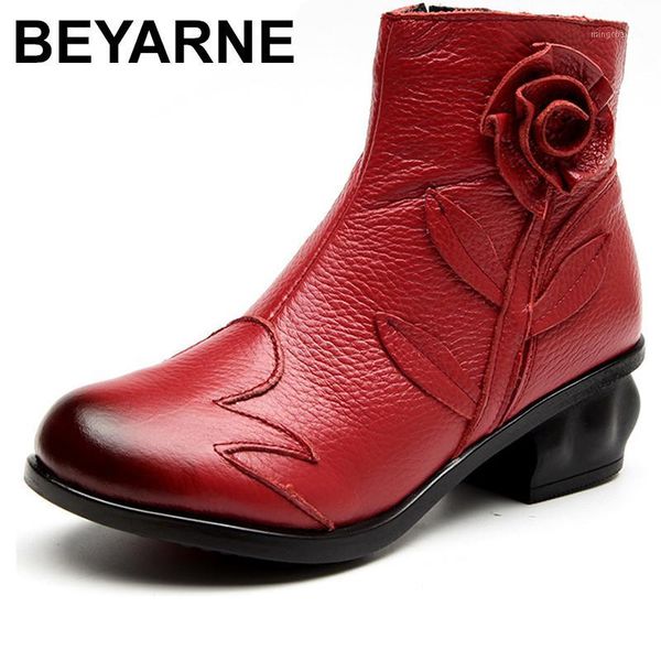 

boots beyarne 2021 autumn fashion women genuine leather handmade vintage flower ankle botines shoes woman winter botas1, Black