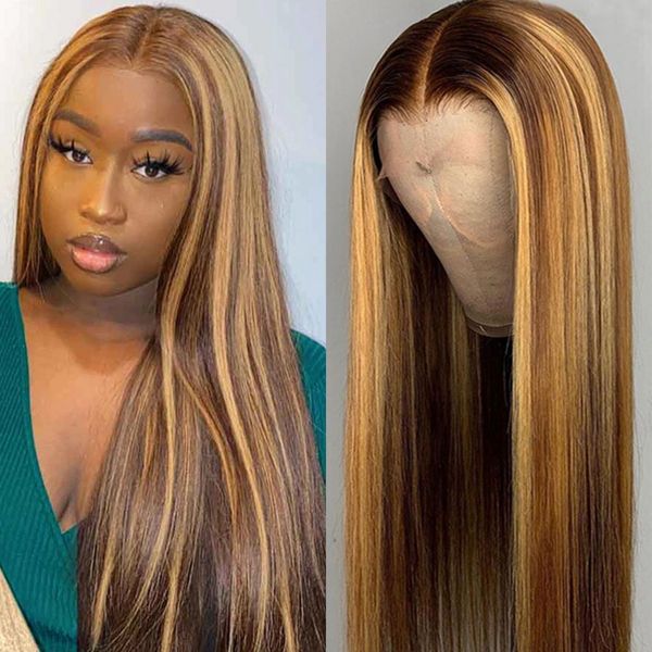 

highlight lace front wig human hair colored 4 27 mongolian straight wigs pre plucked with baby hair, Black;brown