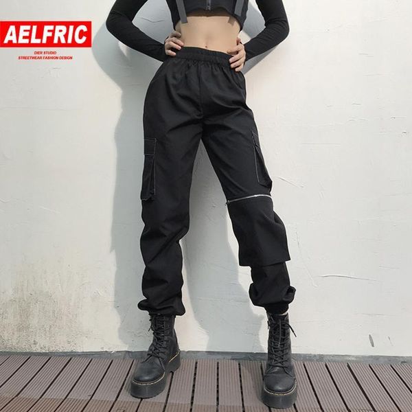 

aelfric patchwork pockets harem cargo pants women 2020 spring summer hip hop streetwear irregular zipper joggers casual trousers1, Black;white