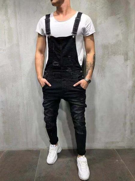 

2021 oversize fashion men's ripped jeans jumpsuits shorts summer hi street distressed denim bib overalls for man suspender pants, Blue