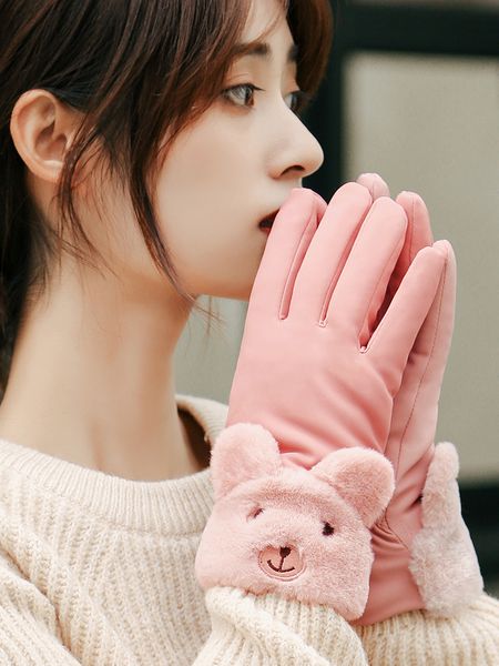 

qin women thick windproof waterproof cycling warm plush cotton gloves girls winter cute studentsq, Blue;gray