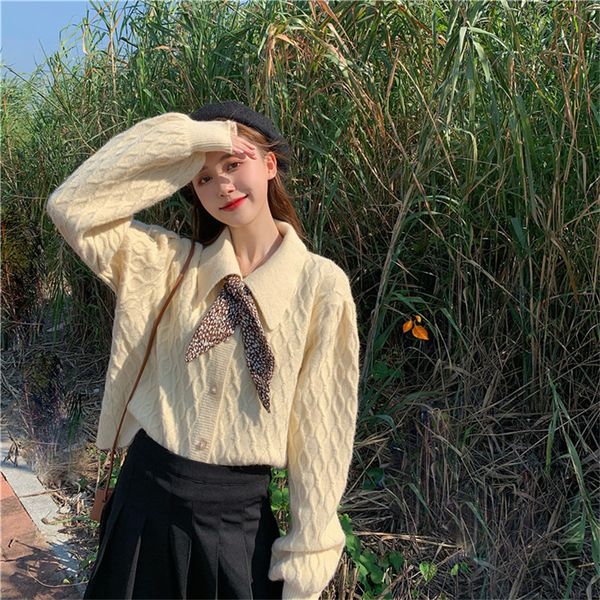 

2021 sweet girls lolita blouses new fall doll argyle necklace vintage female sweater short cardigan mesh with nice scarf jumpers hzyf, White;black