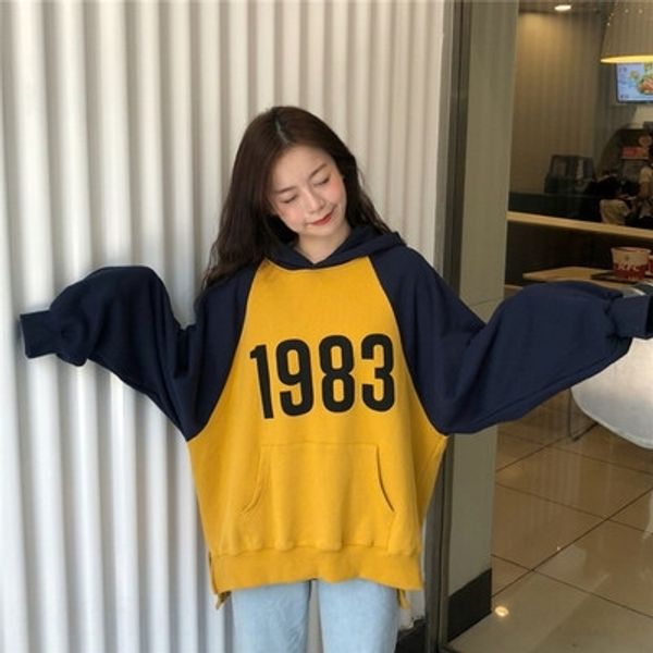 

oysvb pf2019 hooded loose raglan stylepullover fall/winter sweater woolstyle women's wear contrast color korean sleeve wool pullover fl, Black