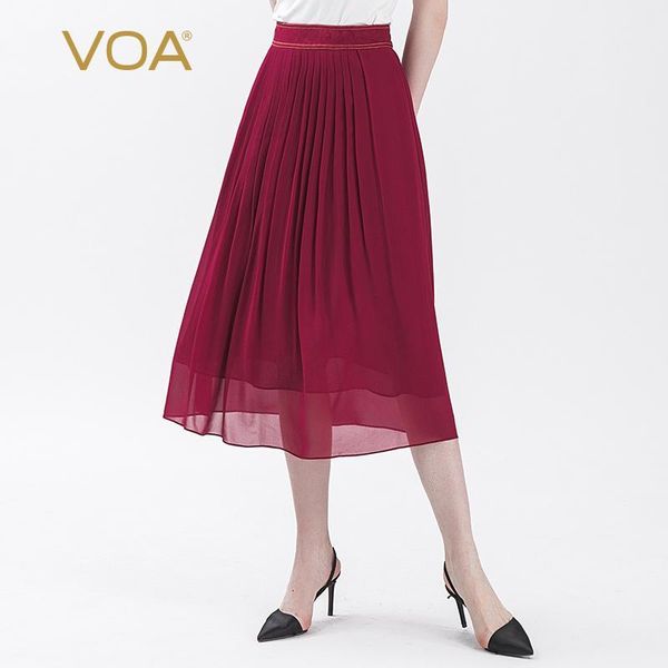 

voa wine red double-sided silk georgette elastic waist filler jacquard stitching golden arch pin breathable pleated skirt c11, Black