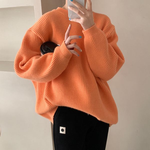 

juzhi 2020 зимний свитер женские корейские круглые шеи пуловер твердый свободный 4-цветной ленивый стиль футболка 9151, White;black