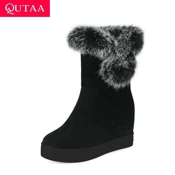 

qutaa 2020 scrub slip on women shoes round toe height increasing snow boots winter wedges keep warm mid calf boots size 34-43, Black