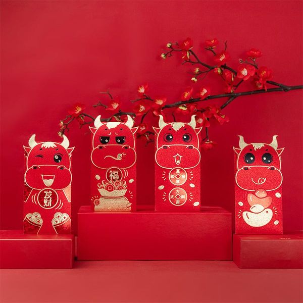 

4pcs 2021 chinese red lucky envelopes creative money bags cartoon new year money envelopes pouches stamping
