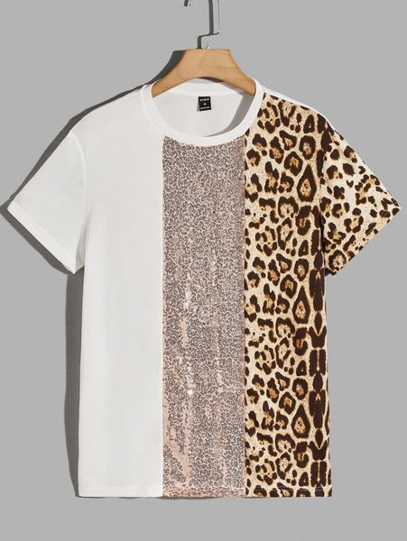 

men leopard panel contrast sequin tee r5px#, White;black