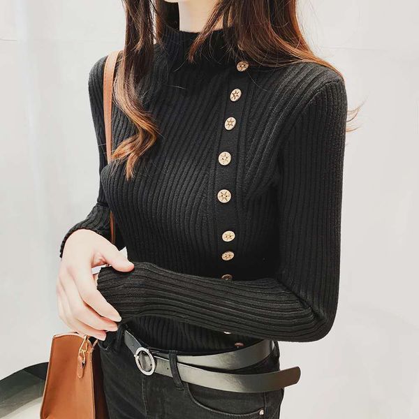

women's pullover new solid plus warm button half turtleneck knit sweater jumper casual female clothing winter 2021 gw7d, White