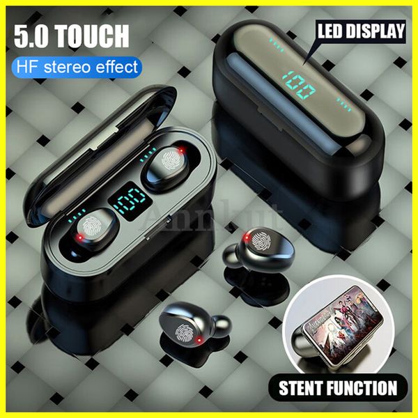 

v5.0 wireless earphone,bluetooth v5.0 f9 tws headphone hifi stereo earbuds led display touch control 2000mah power bank headset with mic