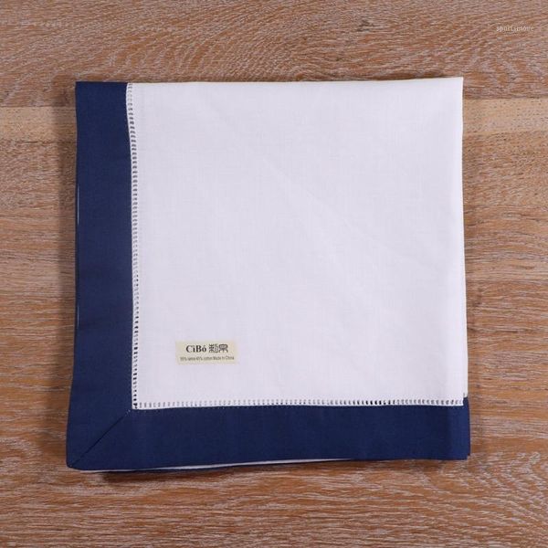 

n037-db-20: 4pieces white hemstitch dinner napkins dark blue hem ramie cotton blend ladder hemstitch table linen1