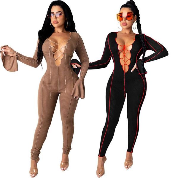 

women's jumpsuits & rompers club jumpsuit solid color bandage navel flared sleeves black nightclub playsuit for women, Black;white