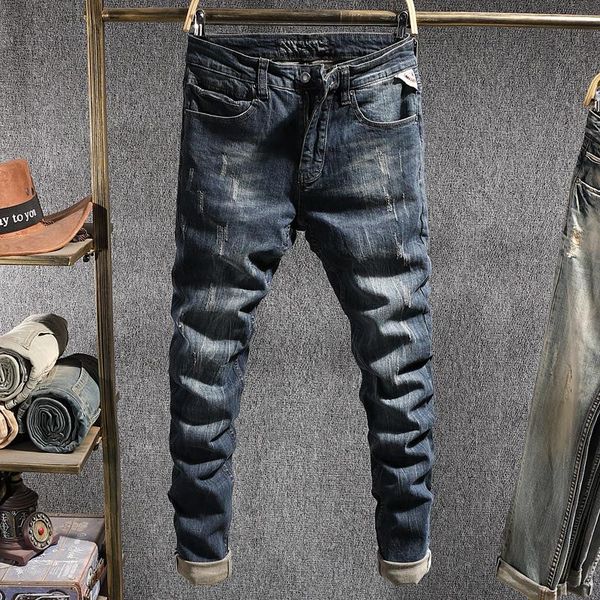

italian style fashion men jeans retro dark blue elastic slim fit ripped denim pencil pants vintage designer casual long trousers