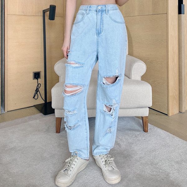 

2021 fashion hole women summer cotton vintage washed casual straight jeans loose high waist frayed trousers 3397, Blue