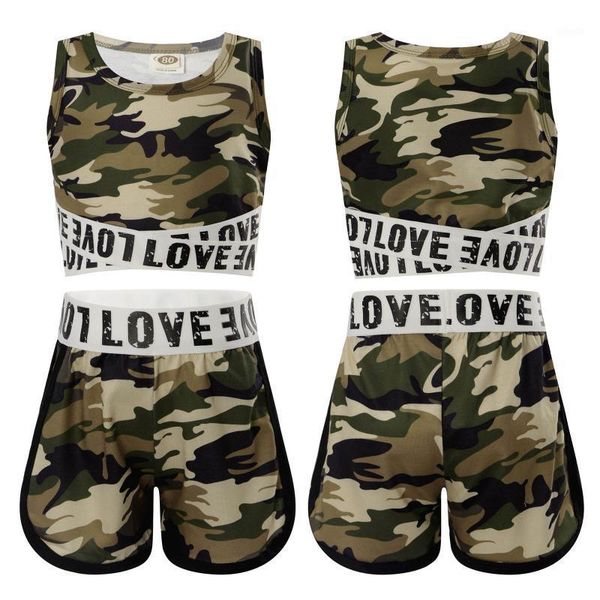 

running sets 2pcs kids girls camouflage letters print sport suit round neck sleeveless gym yoga crop tank + waistband shorts set1, Black;blue