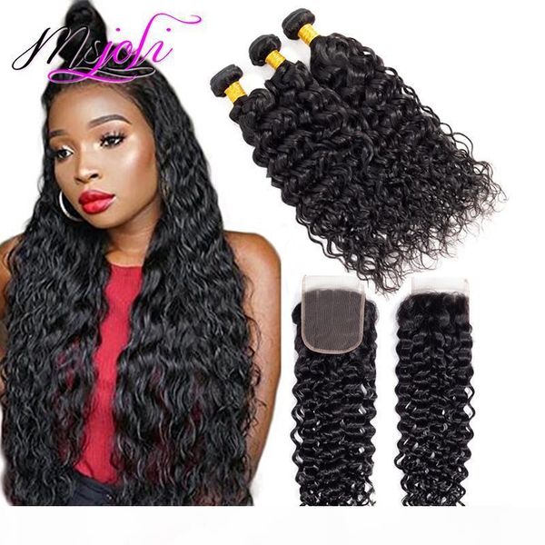 

9a mink indian virgin water wave 3 bundles with 4x4 lace closure frontal wet and wavy 8-28inch virgin human hair weave hair, Black;brown