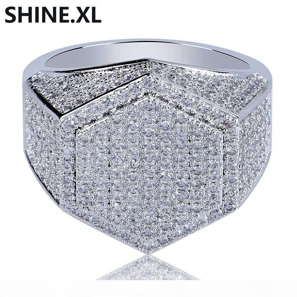 

fashion men ring copper gold silver color plated full iced out zircon hexagonal ring with 7,8,9,10,11 size