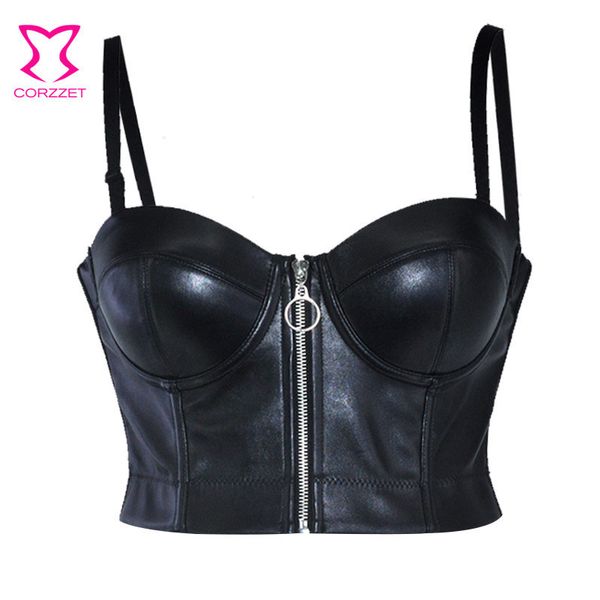 Black Faux Leather Front Zipper Brawsiere Bra Sexy Underwear Bras Para As Mulheres Empurre Up Bralette Top Gothic Lingerie Plus Size 6XL 201202