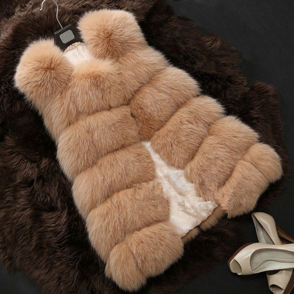 

female fur waistcoat 2020 winter warm faux fur vest women kalenmos plus size fashion o-neck long sleeveless faux fur coat vestsx1016, Black;brown