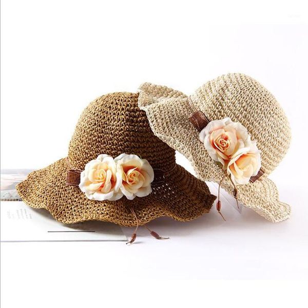

women summer large brim foldable sun hats elegant flowers handmade crochet straw hat female beach sun protection hat1, Blue;gray