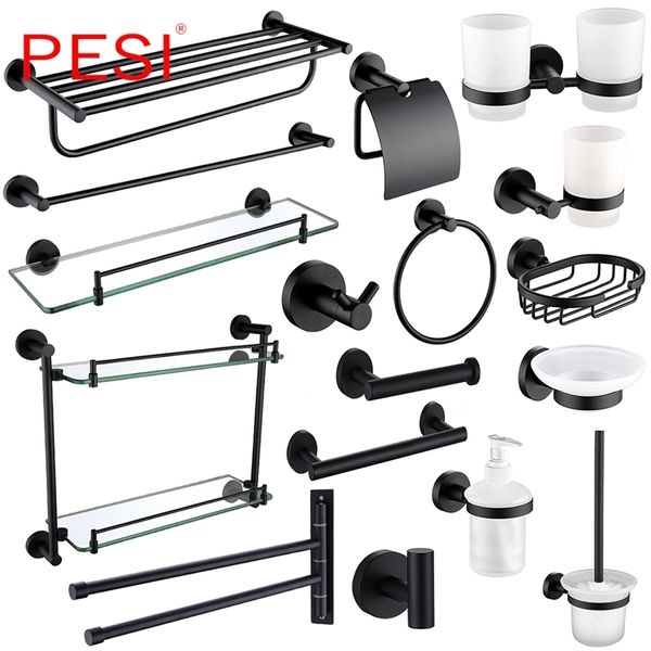 Großhandel Badezimmer-Hardware-Set Robe Haken Handtuchhalter Rack Bar Regal Papierhalter Zahnbürstenhalter Badezimmer-Accessoires, Schwarz. LJ201211