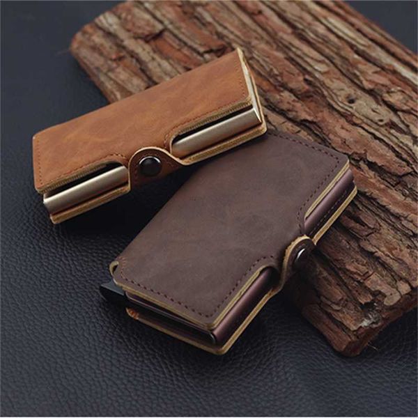 

rfid business credit card holder men multifunction automatic aluminium alloy leather cards case mini wallet slim coin purse, Red;black