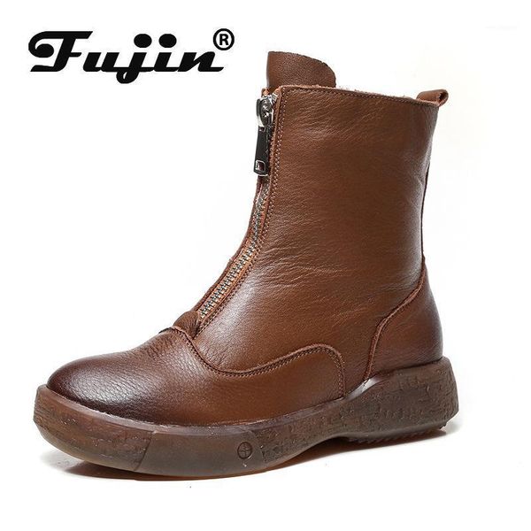 

fujin 2020 soft genuine leather boots zip for women autumn winter plush fur warm ladies shoes ankle boots platform1, Black