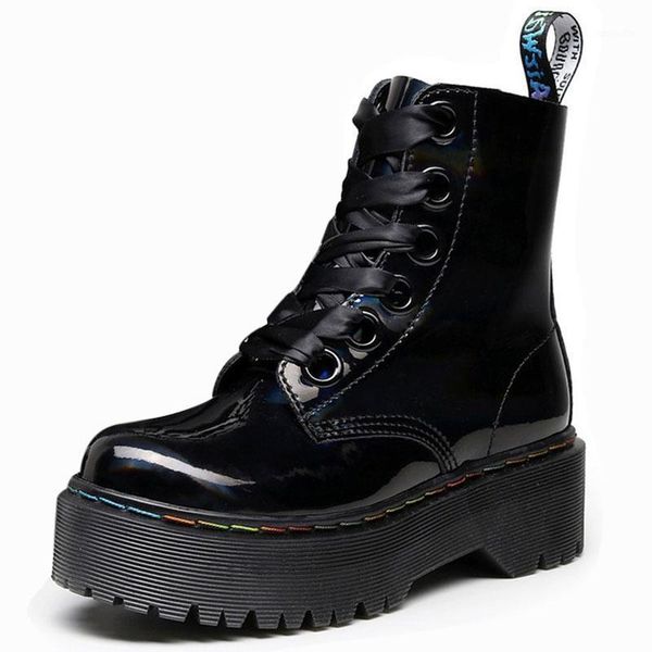

boots women rainbow thick-soled leather female side zipper laser short muffin bottom lace up mirror leather1, Black