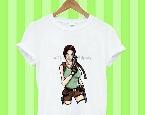 

tomb raider lara croft gun holding white t shirt sport hooded sweatshirt hoodie