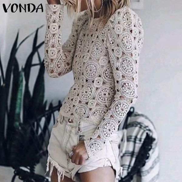 

women's blouses & shirts vonda women tunic vintage hollow 2021 spring summer beach blouse long sleeve casual blusas office lady s-5xl, White