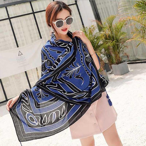 

scarves 2021 cotton scarf plant pattern tassel summer travel beach shawl outdoor sunscreen women shawl1, Blue;gray
