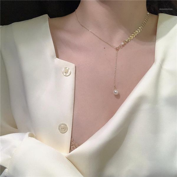 

kpop fashion jewelry metal wheat ear short necklace adjustable elegant pearl prom party necklace for women1, Golden;silver