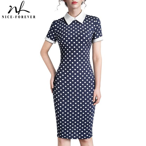

nice-forever vintage retro polka dots turn-down collar work vestidos business party bodycon women office dress b518 y0118, Black;gray