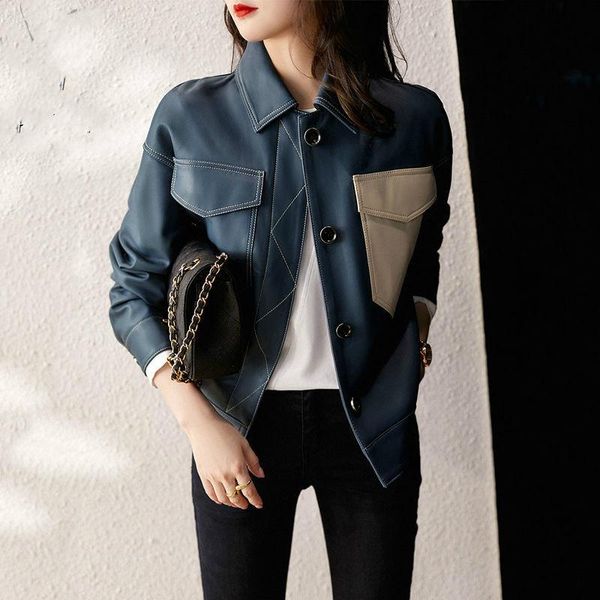 

2021 women autumn winter faux leather outwear lady spliced pocket single breasted short coat female casual plus size jacket h218, Black