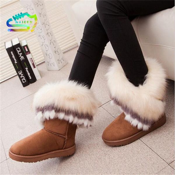 

naicen women flats ankle snow boots fur boots winter warm snow shoes woman round-toe female flock leather botas de mujer, Black