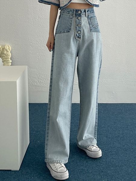 

dazy color-block high waist button fly straight leg jeans m4hk#, Blue