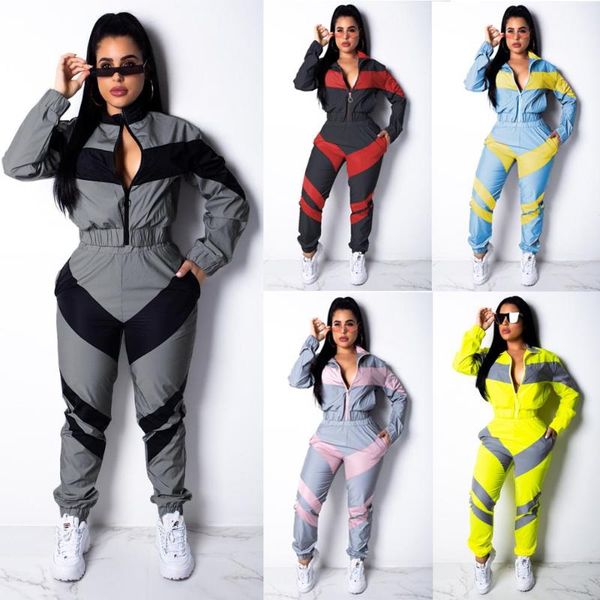 

women tracksuits sportswear reflective zip crop pants windbreaker fashion female loose glow jacket coats trousers plus size, Black;blue