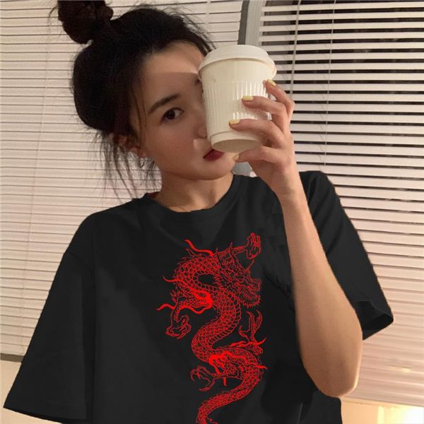 

короткая футболка с коротким рукавом женщины dragon print beversize boyfriend style tops perfect basic tees render undrebe under export harm, White