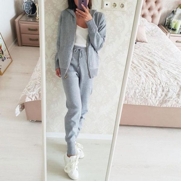 

taotrees two-piece women's sweater zipper with hat + pants warm knit suit comfortable casual sportswear1, White