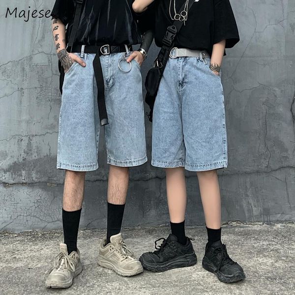 

men's jeans men casual solid knee length button all-match streetwear loose straight denim bottoms fashion simple ulzzang leisure, Blue