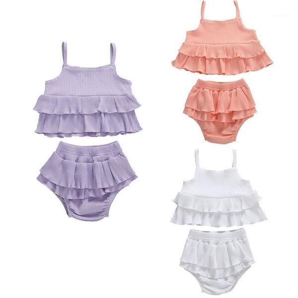 

infant kids baby girls suspender vest t-shirt shorts 2-piece set sleeveless flouncing pleated elastic summer ribbed solid set1, White