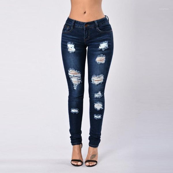 

2020 new black jeans woman high waist fashion button zipper pocket hole pants slim skinny ripped jeans denim casual femme1, Blue
