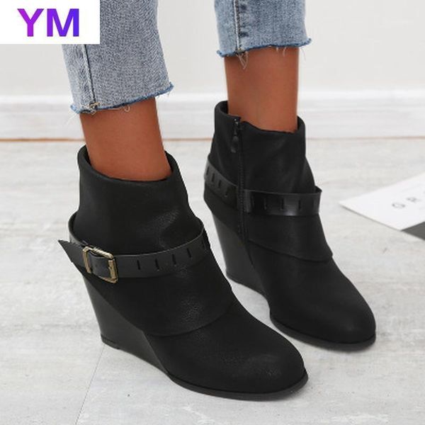 

boots buckle strap decoration ankle women winter fashion round toe wedges heel pu leather solid color snow boot size431, Black