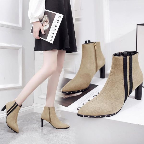 

dm537 boots women autumn winter fashion suede pointed high heels stiletto suede boots nubuck and bare bota feminina1, Black