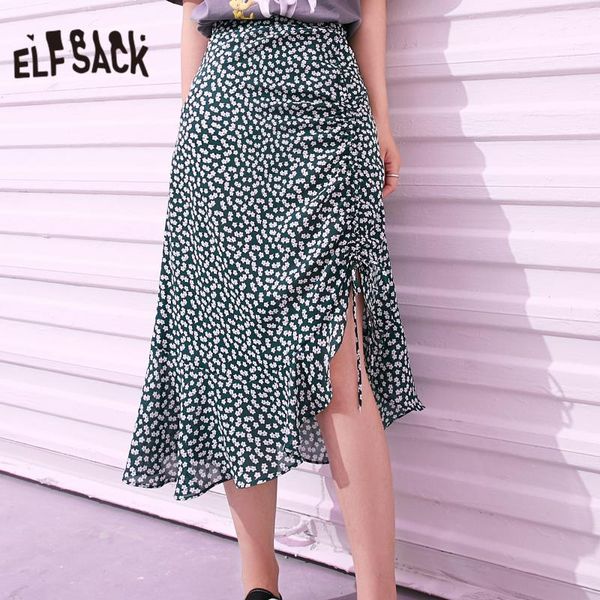 

elfsack green floral irregular hem casual women midi ruffles skirt 2021 summer elf high elastic waist korean girly daily skirt, Black