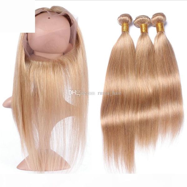 

#27 honey blonde 8a 360 frontal with bundles straight peruvian virgin human hair pre plucked 360 lace frontal closure with bundles 4pcs lot, Black;brown