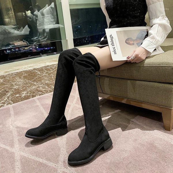 

boots fashion women spring winter over the knee heels quality suede long comfort square botines mujer thigh high 35-441, Black