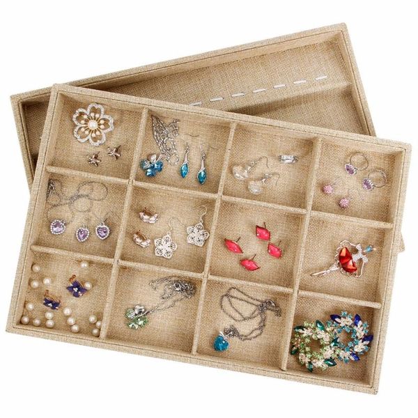 

12/24 grid sackcloth stackable jewelry tray necklace bracelet earrings ring display showcase organizer carrying cases, Pink;blue