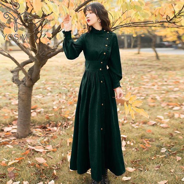 

yosimi 2020 autumn maxi elegant red corduroy vintage long women dress full sleeve ankle-length green evening party women dress1, Black;gray